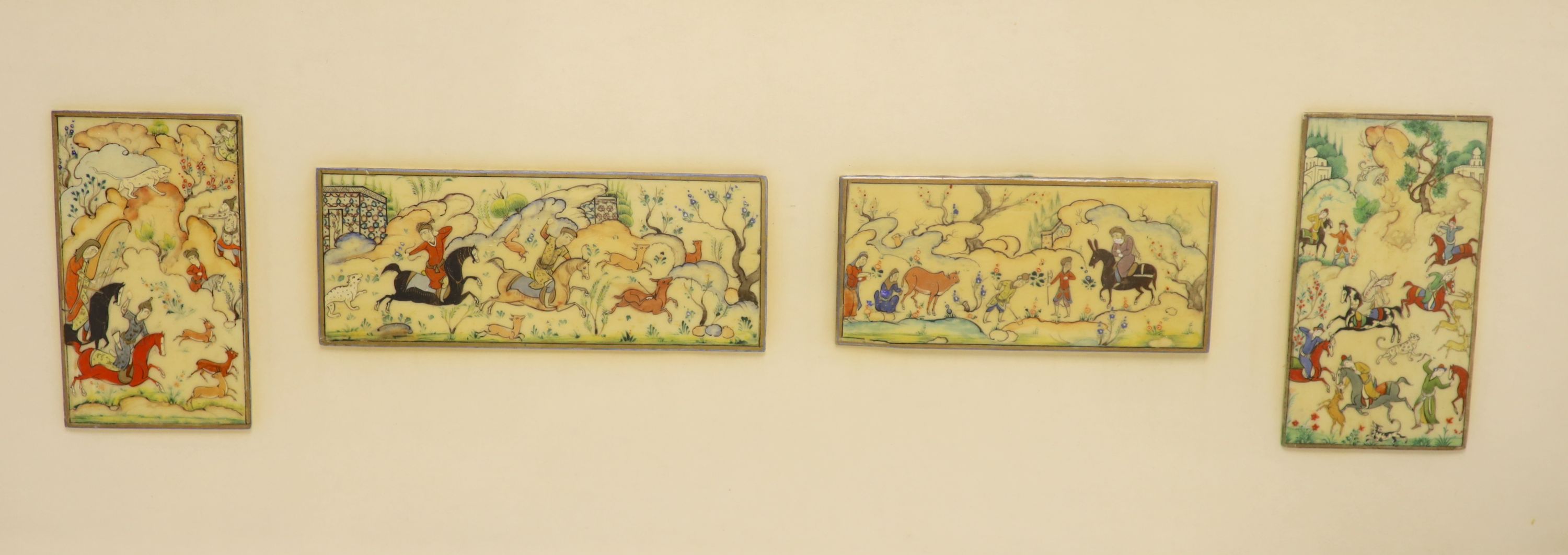 A set of four Indian watercolour miniature hunting scenes, two Chinese embroidered panels (all framed) and a silk sleeve